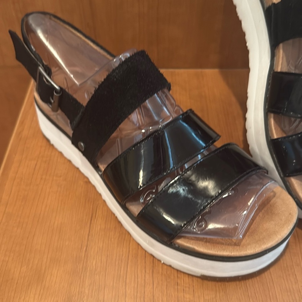 UGG Womens Braelynn Jasmine Leather Flatform Black Sandal Sz 7 M - Picture 2 of 11